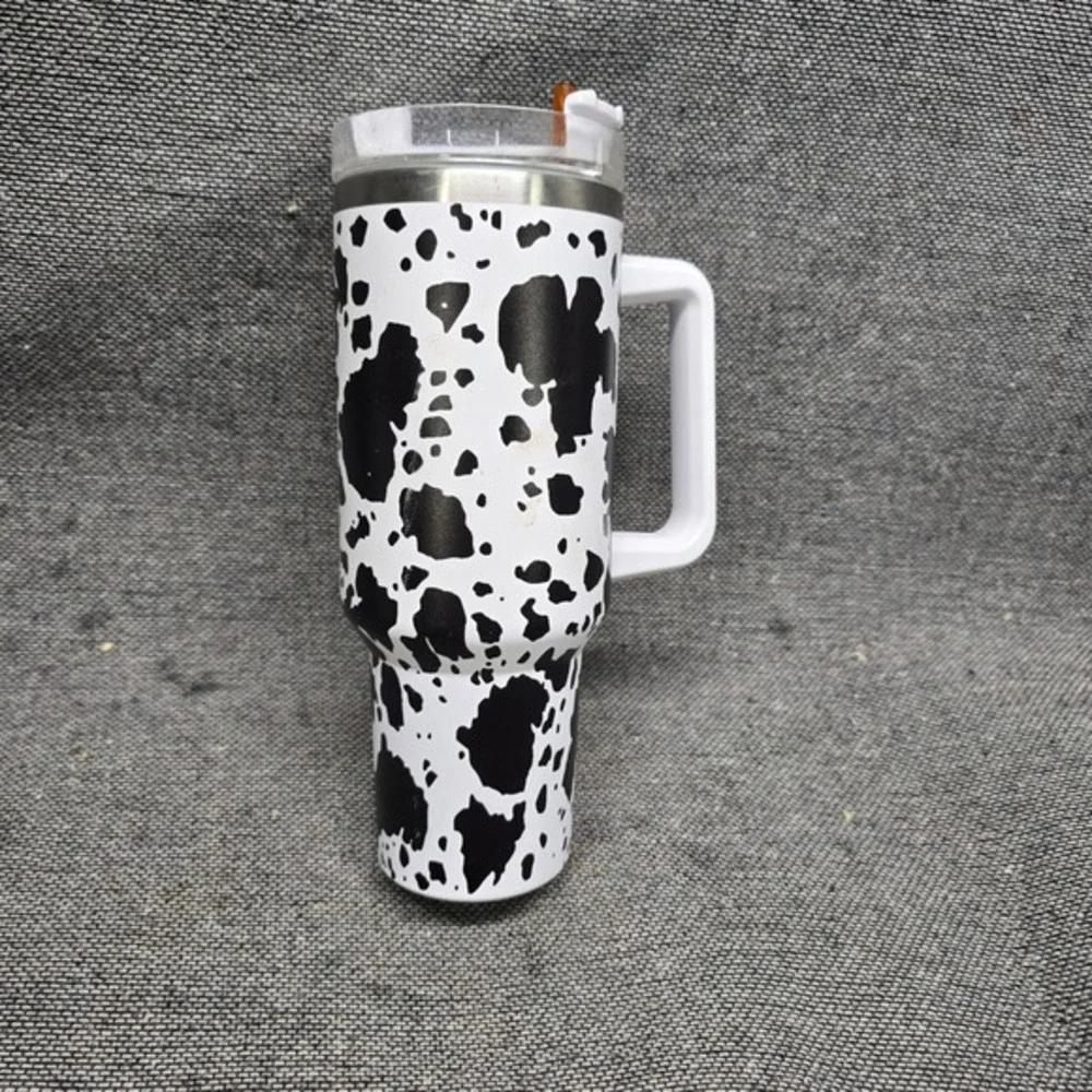 Tumbler‎ Cow Print Insulated Travel Mug 40oz White Black Good Handle